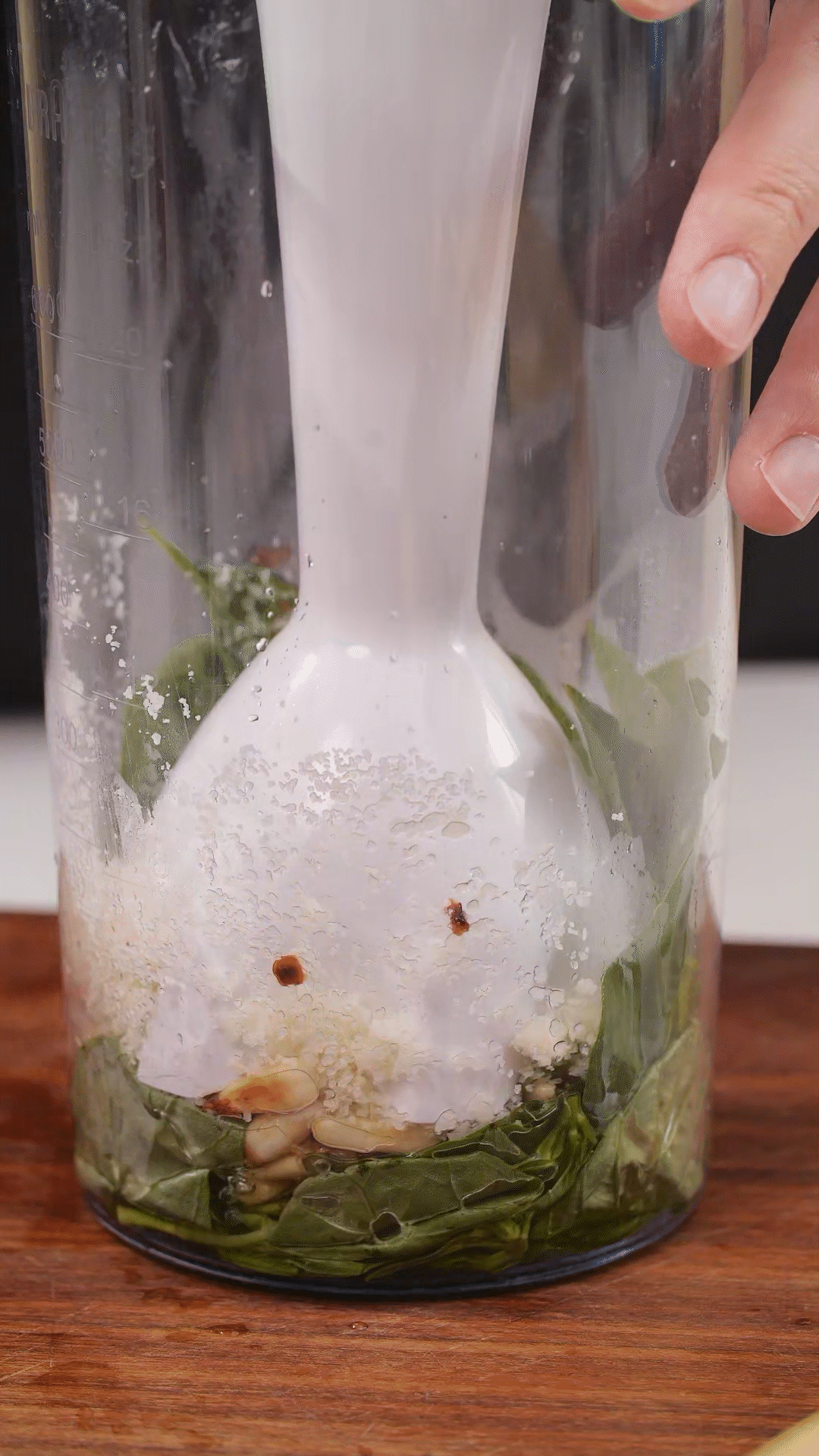 加入松子、現(xiàn)磨芝士碎、大蒜、鹽和檸檬汁、橄欖油，用手持料理機(jī)攪打細(xì)膩均勻
